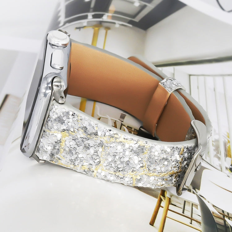 For Apple Watch Series 8&7 41mm / SE 2&6&SE&5&4 40mm / 3&2&1 38mm Glitter Sequins Leather Watch Band(Gold Silver) by bashfashion