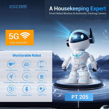 ESCAM PT205 5G WiFi Smart Robot Wireless AI Automatic Tracking Camera, Two Way Audio / Night Nersion, Plug:AU Plug(White) by ESCAM