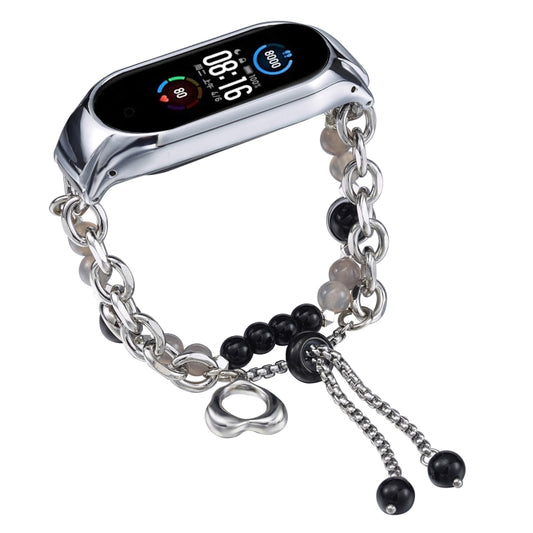For Xiaomi Mi Band 5 / 6 Crystal Beaded Onyx Watch Band(Silver+Black Pearl) by bashfashion